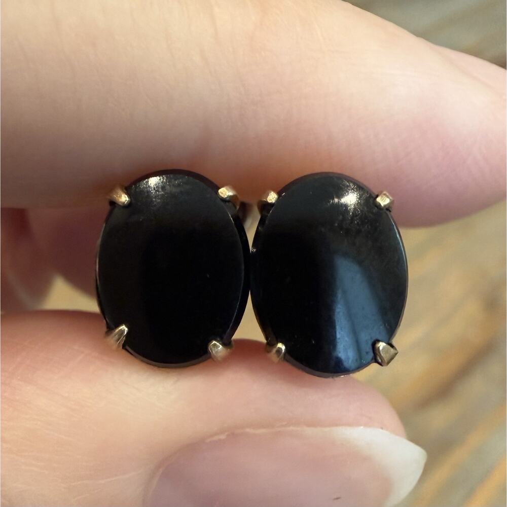 Vintage AMCO Black Onyx Oval Earrings 1/20 12K Gold Filled Signed Retro - Picture 2 of 9